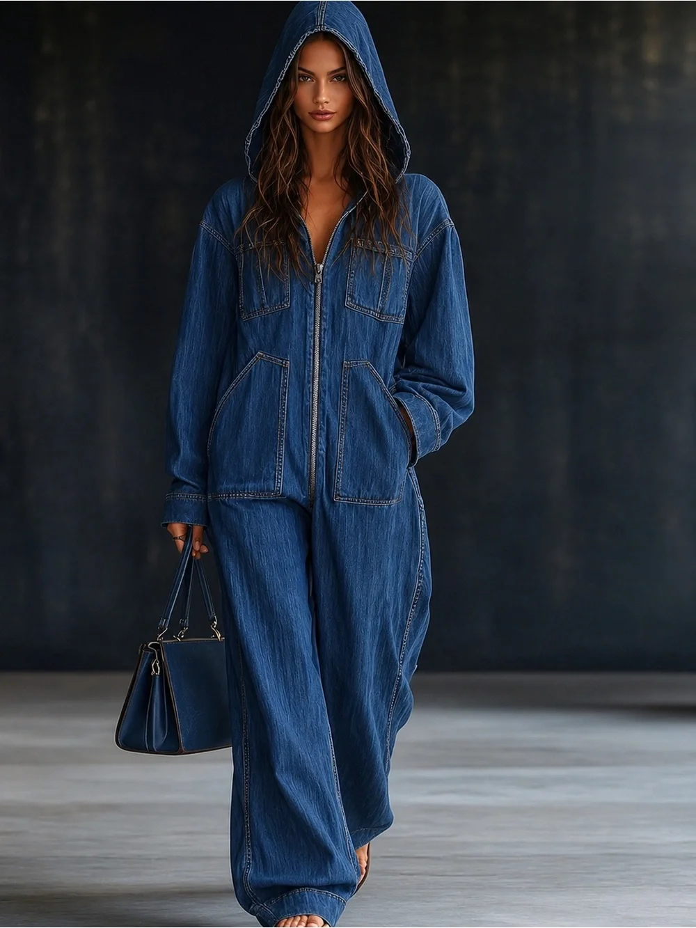 Denim Hooded Zip-Front Jumpsuit in Deep Blue - Picture 1 of 3